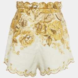 Pre Owned Zimmermann Yellow Floral Print Linen Aliane Scallop Shorts M