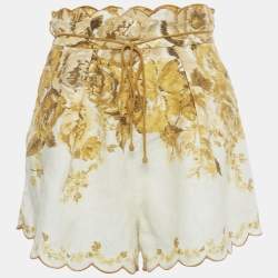 Pre Owned Zimmermann Yellow Floral Print Linen Aliane Scallop Shorts M