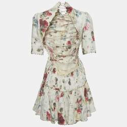 Pre Owned Zimmermann White Floral Print Linen Lace-Up Mini Dress M