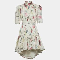 Pre Owned Zimmermann White Floral Print Linen Lace-Up Mini Dress M