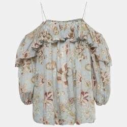 Pre Owned Zimmermann Blue Floral Print Cotton Ruffled Blouse S