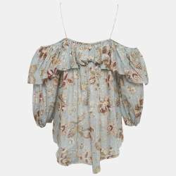 Pre Owned Zimmermann Blue Floral Print Cotton Ruffled Blouse S