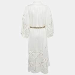 Pre Owned فستان زيمرمان كتان مطرز أبيض بتفاصيل لير ميدي مقاس كبير (لارج)