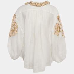 مملوكة مسبقًا Zimmermann White Embroidered Ramie Blouse M