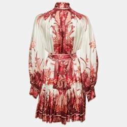 Pre Owned Zimmermann White /Red Floral Print Silk Pleated Mini Dress L