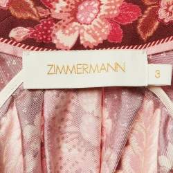 Pre Owned Zimmermann White /Red Floral Print Silk Pleated Mini Dress L