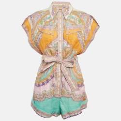 مملوكة مسبقًا Zimmermann Multicolor Printed Linen Lola Cuffed Playsuit M