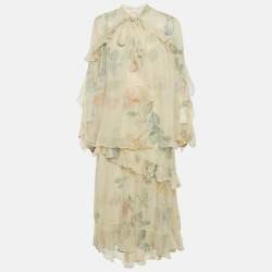 Pre Owned Zimmermann Yellow Floral Print Frill Detail Crepe Top & Skirt Set L