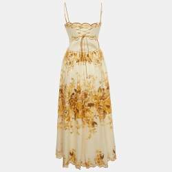مملوكة مسبقًا Zimmermann Yellow Floral Print Linen Cut-Out Midi Dress M