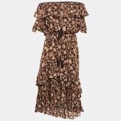 مملوكة مسبقًا فستان زيمرمان أسود بطبعة زهور كتان متعدد الطبقات مكشوف الأكتاف مقاس متوسط (ميديم)