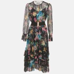 Pre Owned Zimmermann Black Floral Print Chiffon Asymmetric Midi Dress M