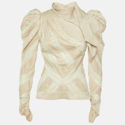 Pre Owned Zimmermann Beige Printed Satin Lace Panel Detail Blouse M