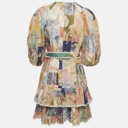 Pre Owned Zimmermann Multicolour Floral Print Linen Ruffle Hem Mini Dress L