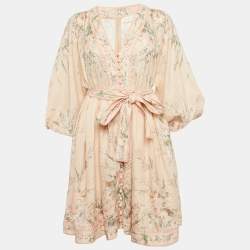 Pre Owned Zimmermann Pink Floral Print Linen Mini Dress L