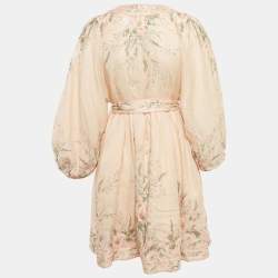 Pre Owned Zimmermann Pink Floral Print Linen Mini Dress L