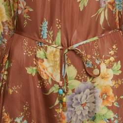 Pre Owned Zimmermann Brown Floral Print Silk Belted Zinnia Dress M