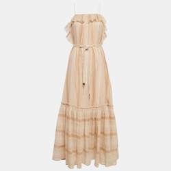 Pre Owned فستان زيمرمان كوتون بيج مخطط ميتاليك بطبقات طويل مقاس متوسط - ميديوم