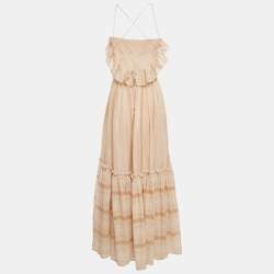 Pre Owned Zimmermann Beige Metallic Striped Cotton Tiered Maxi Dress M