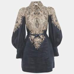 مملوكة مسبقًا Zimmermann Navy Blue Paisley Print Linen Tunic Mini Dress S