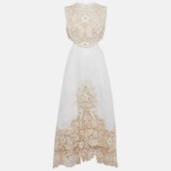 مملوكة مسبقًا Zimmermann White Floral Embroidered Linen Cut Out Maxi Dress L