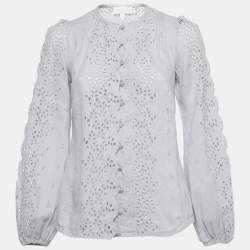 Pre Owned Zimmermann Light Blue Linen Iris Broderie Anglaise Long Sleeve Top S