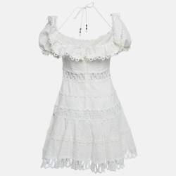 مملوكة مسبقًا Zimmermann White Linen Blend Paneled Melody Off Shoulder Mini Dress M