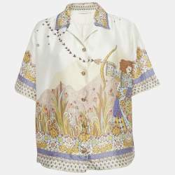 Pre Owned Zimmermann Cream Graphic-Print Silk Short-Sleeve Shirt M