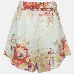 Pre Owned Zimmermann Blue Floral Print Linen Belted Shorts L