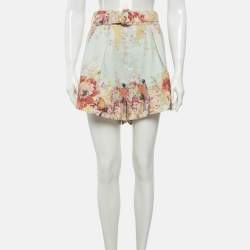 Pre Owned Zimmermann Blue Floral Print Linen Belted Shorts L
