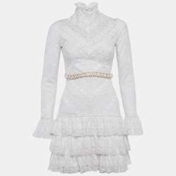 Pre Owned فستان زيماومان أبيض دانتيل فينيتو مع حزام قصير مقاس صغير (سمول)