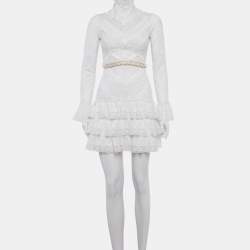 Pre Owned فستان زيماومان أبيض دانتيل فينيتو مع حزام قصير مقاس صغير (سمول)