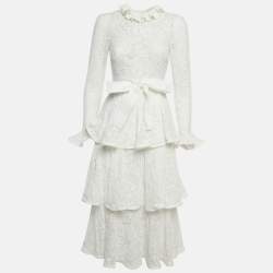 Pre Owned Zimmermann White Lace Tiered Belted Maxi Dress XS
