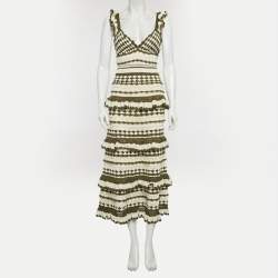 Pre Owned Zimmermann Olive Green/Cream Crochet Devi Ruffled Midi Dress S