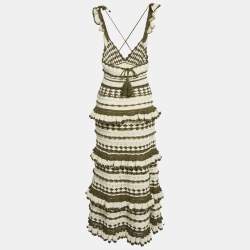 Pre Owned Zimmermann Olive Green/Cream Crochet Devi Ruffled Midi Dress S
