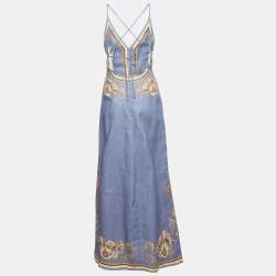 Pre Owned Zimmermann Purple Floral Print Linen Maxi Ottie Dress S