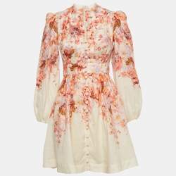مملوكة مسبقًا Zimmermann Pink/White Floral Print Linen Devi Plunge Mini Dress S