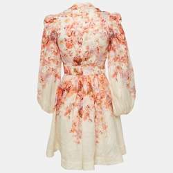 مملوكة مسبقًا Zimmermann Pink/White Floral Print Linen Devi Plunge Mini Dress S