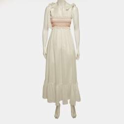 Pre Owned Zimmermann White Linen Shirring Detail Midi Dress S