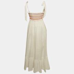 Pre Owned Zimmermann White Linen Shirring Detail Midi Dress S