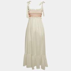 Pre Owned Zimmermann White Linen Shirring Detail Midi Dress S
