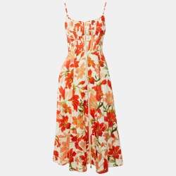 Pre Owned Zimmermann White Floral Printed Linen Tranquility Midi Dress XS