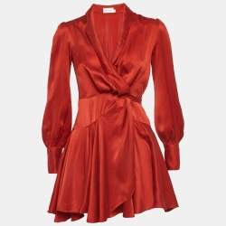 مملوكة مسبقًا Zimmermann Red Satin Ruffle Wrap Mini Dress XS