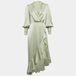 مملوكة مسبقًا Zimmermann Sage Green Satin Asymmetric Ruffled Wrap Dress M