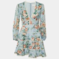 مملوكة مسبقًا فسـتان زيـمرمـان ليـنن مطبـوع بأزهـار زرقـاء بطبـقات قـصير مقاس صغيـر