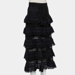 Zimmermann Black Paneled Cotton Lace Trim Ruffled Tiered Midi Skirt S