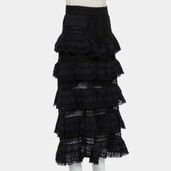Pre Owned Zimmermann Black Paneled Cotton Lace Trim Ruffled Tiered Midi Skirt S