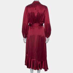 Pre Owned Zimmermann Burgundy Coated Silk Flounce Midi Wrap Dress S