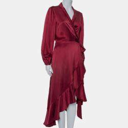 Pre Owned Zimmermann Burgundy Coated Silk Flounce Midi Wrap Dress S