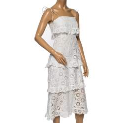 Pre Owned Zimmermann White Eyelet Cotton Scalloped Trim Tiered Primrose Midi Dress XS