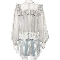 Pre Owned Zimmermann Grey/Blue Striped Cotton Havoc Lace Trimmed Shirt And Shorts Set S